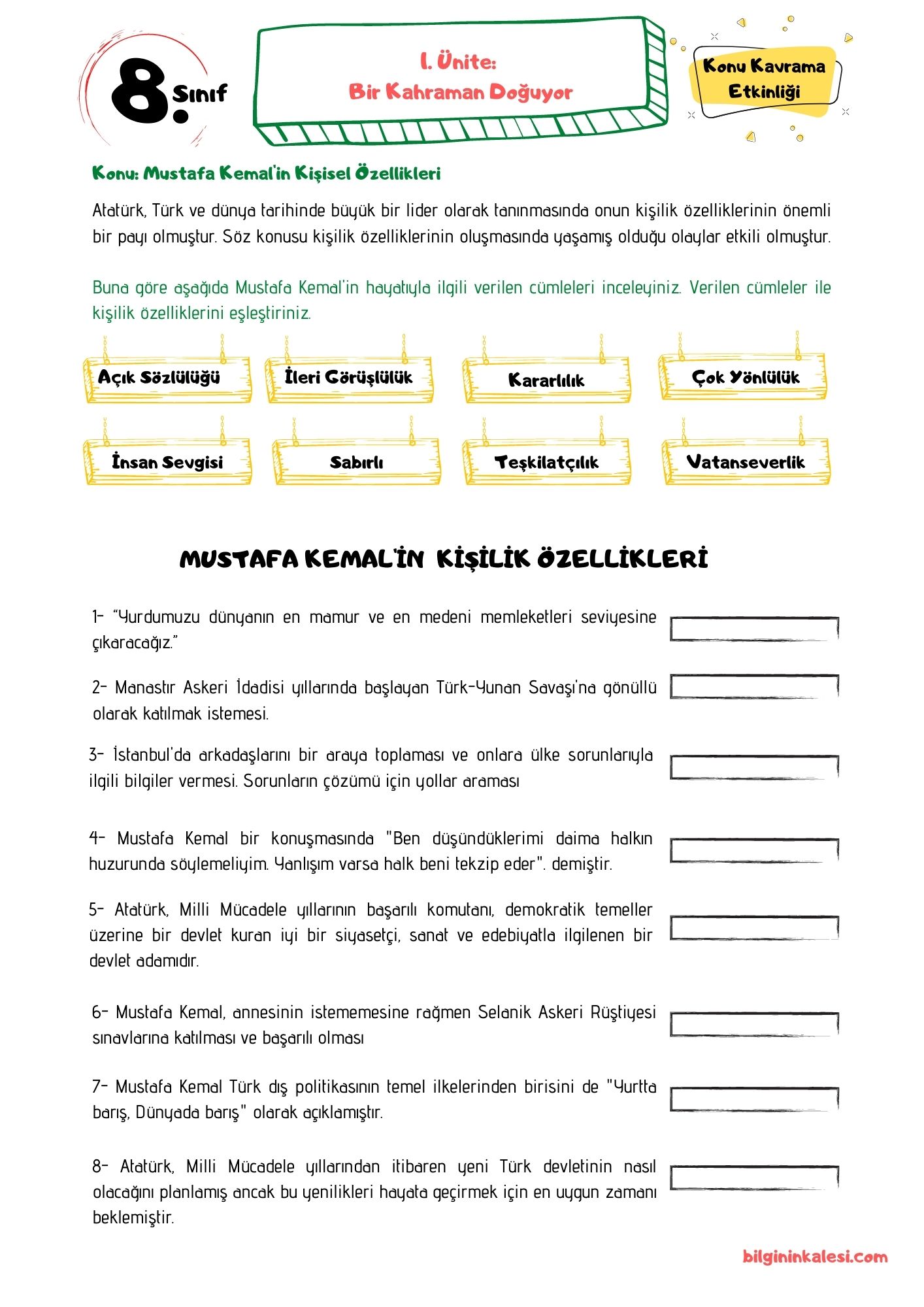 Mustafa Kemal in Ki ilik zellikleri E le tirme Etkinli i Bilginin Kalesi