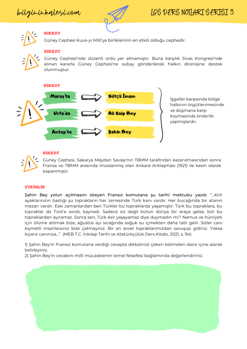 LGS İnkılap Tarihi Güney Cephesi Ders Notu PDF - Bilginin Kalesi
