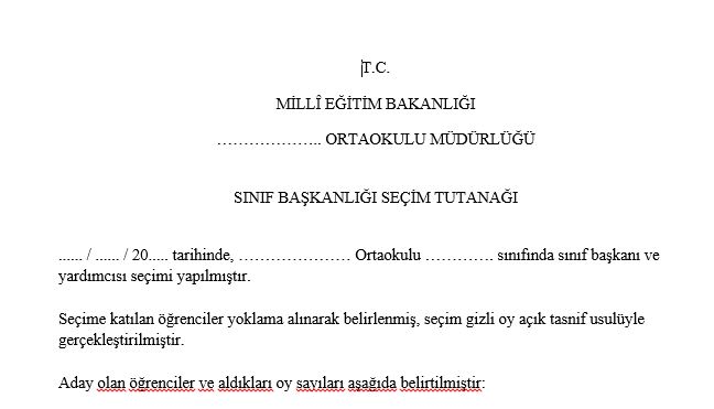 Sınıf Başkanlığı Seçimi Tutanağı (WORD)