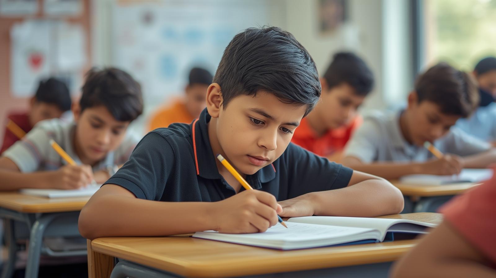 okulda sınav olan çocuklar